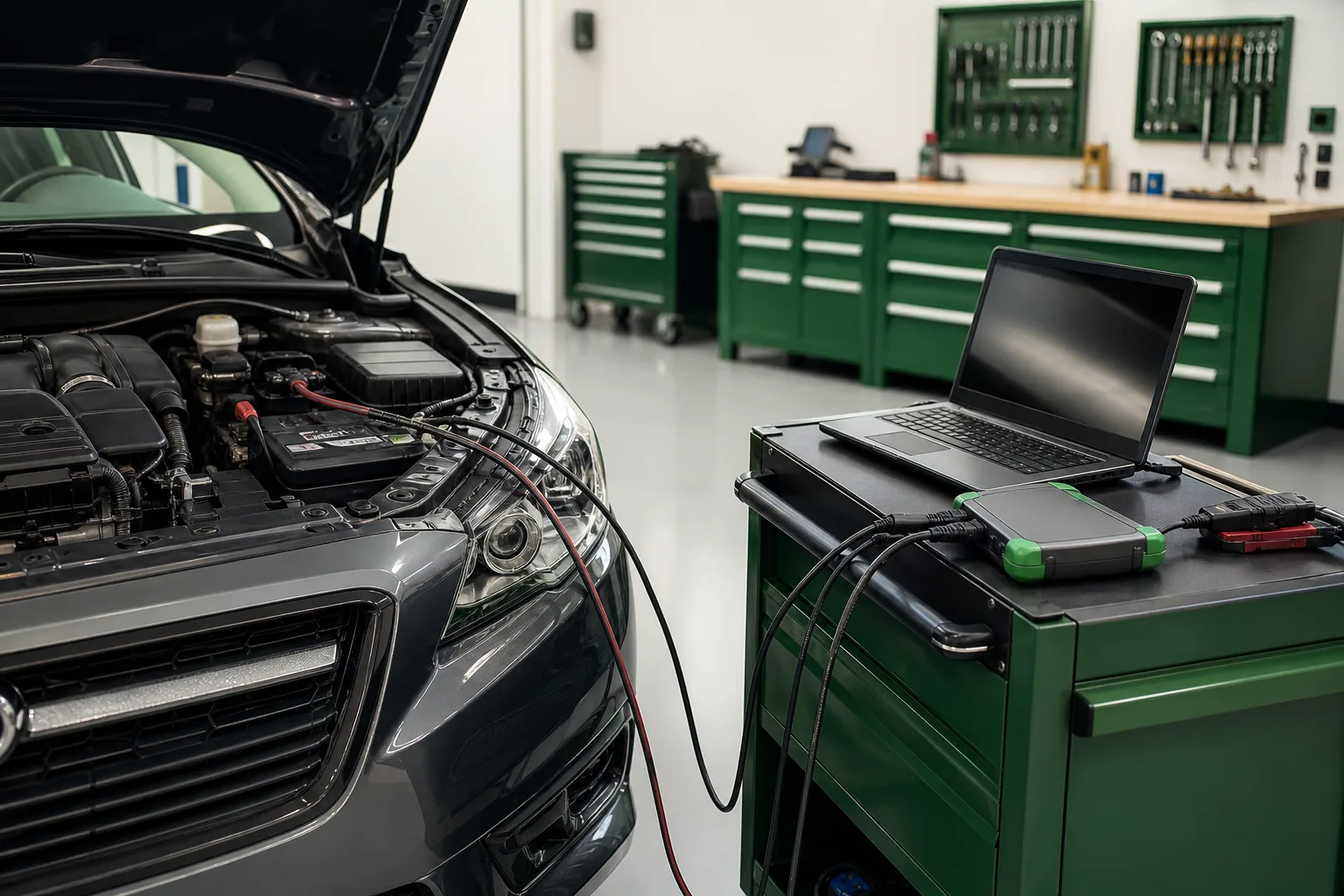 Automotive diagnostic workstation with scan tool connected to a vehicle engine bay in a well-lit service bay, 1200x800