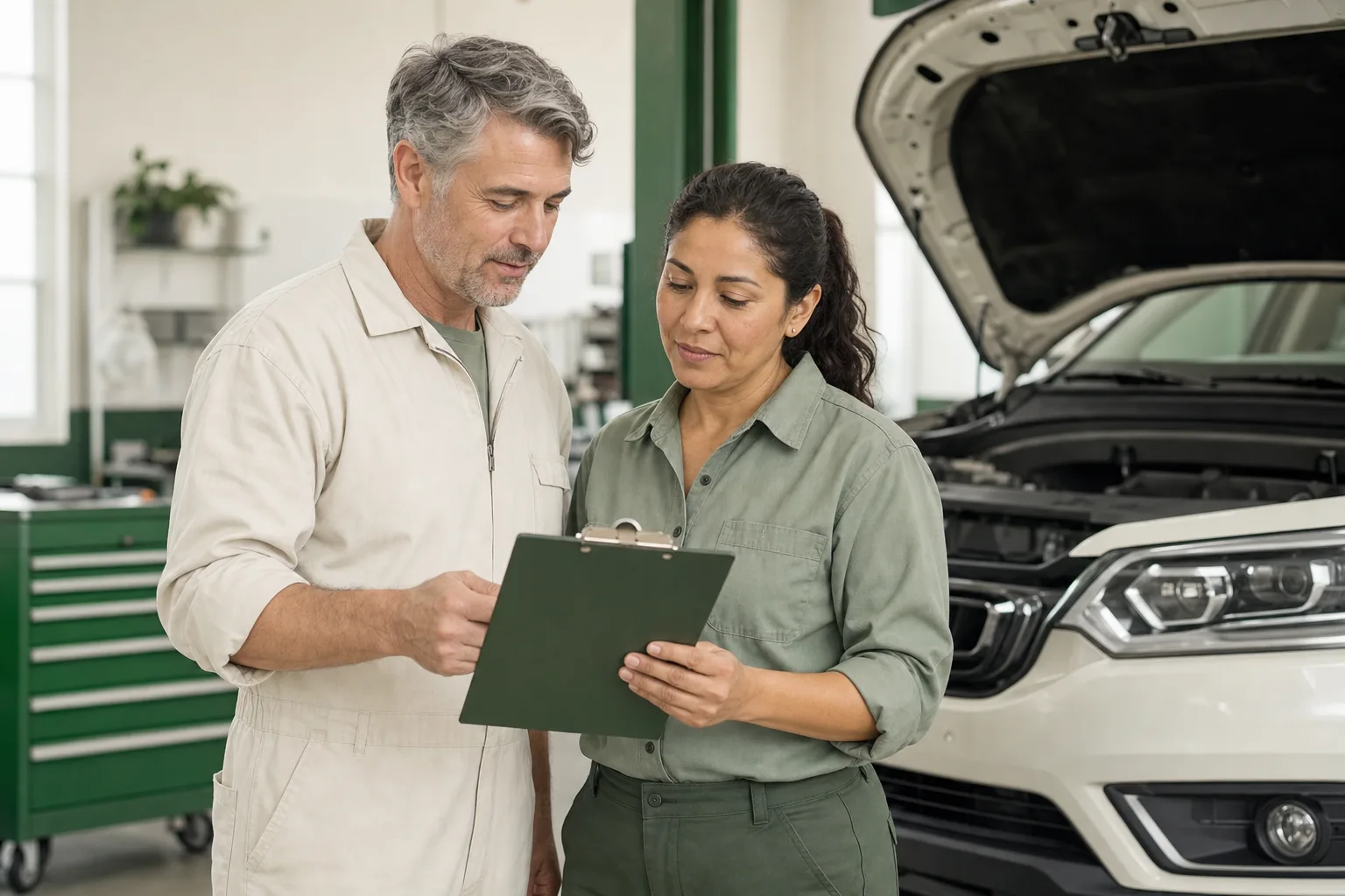 Two senior automotive technicians reviewing a printed maintenance schedule beside a service bay vehicle, 1200x800