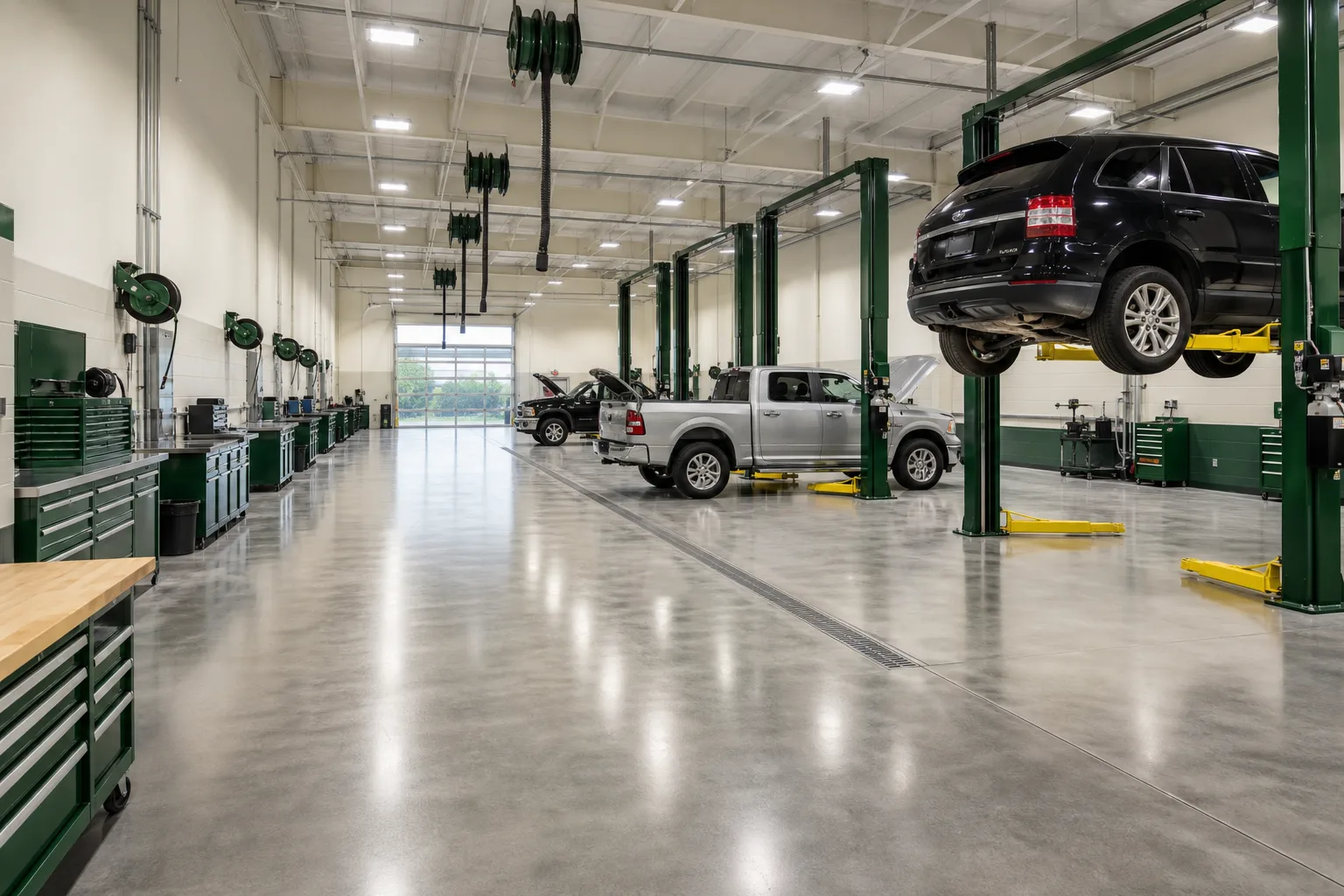 Wide view of a modern automotive service workshop with organized tool stations and vehicle lifts, 1920x1080