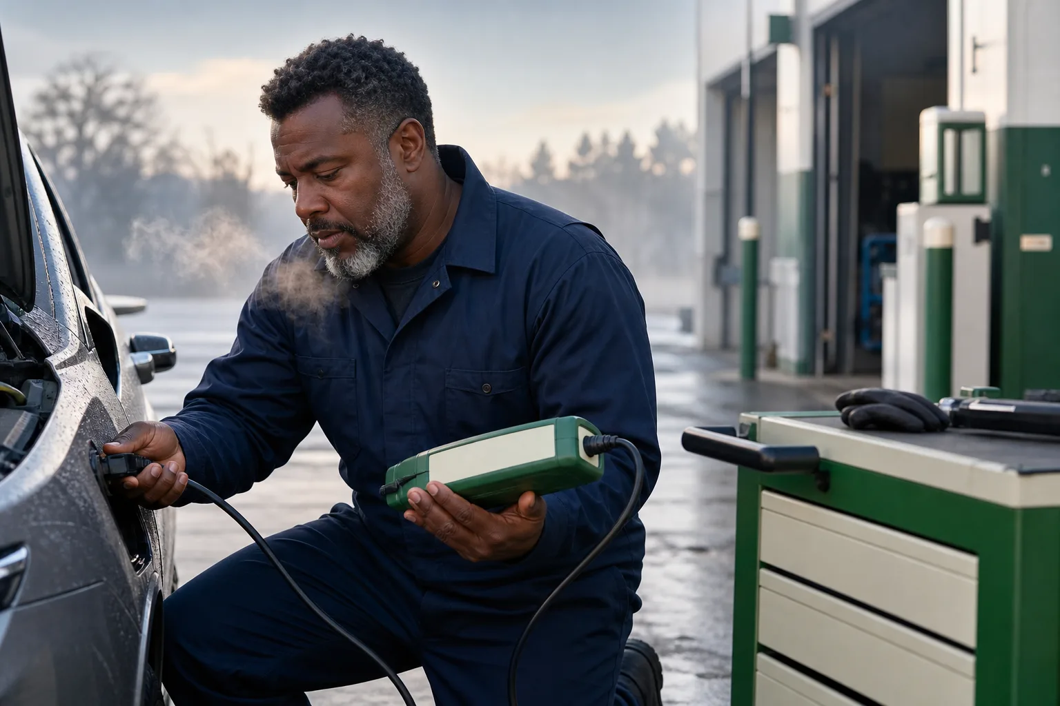Mechanic connecting a diagnostic scan tool to a vehicle during a cold morning startup test, 1200x675