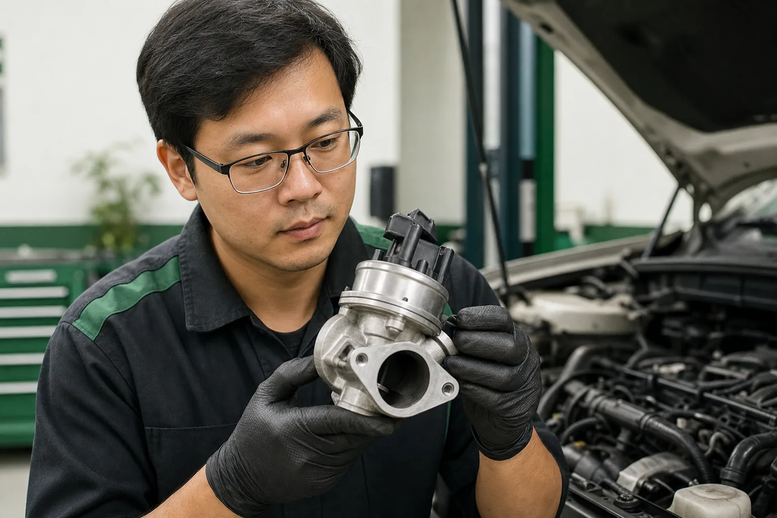 Technician inspecting an EGR valve assembly removed from a vehicle engine, 1200x675