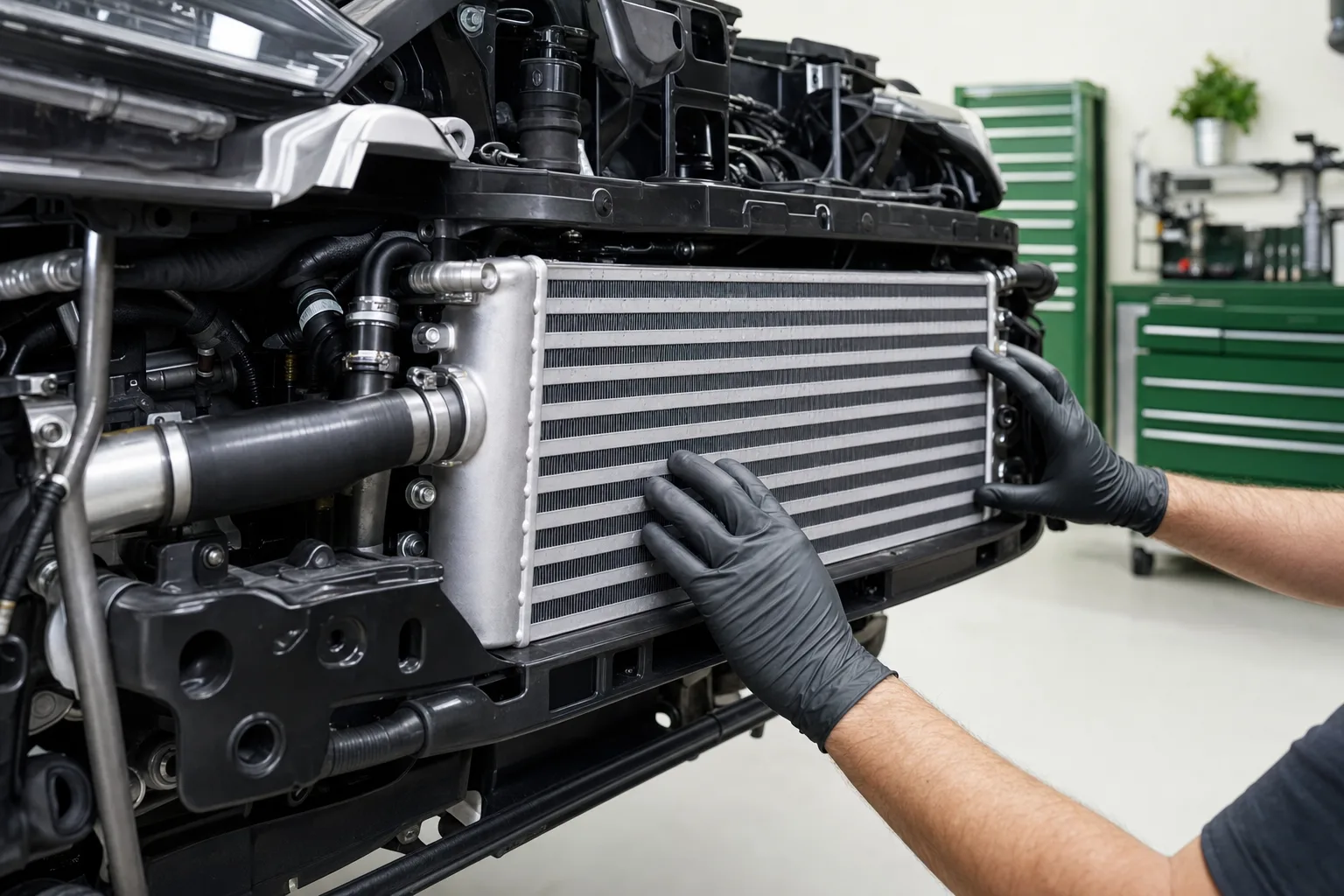 Close view of an intercooler unit being inspected for leaks and debris blockage, 1200x675