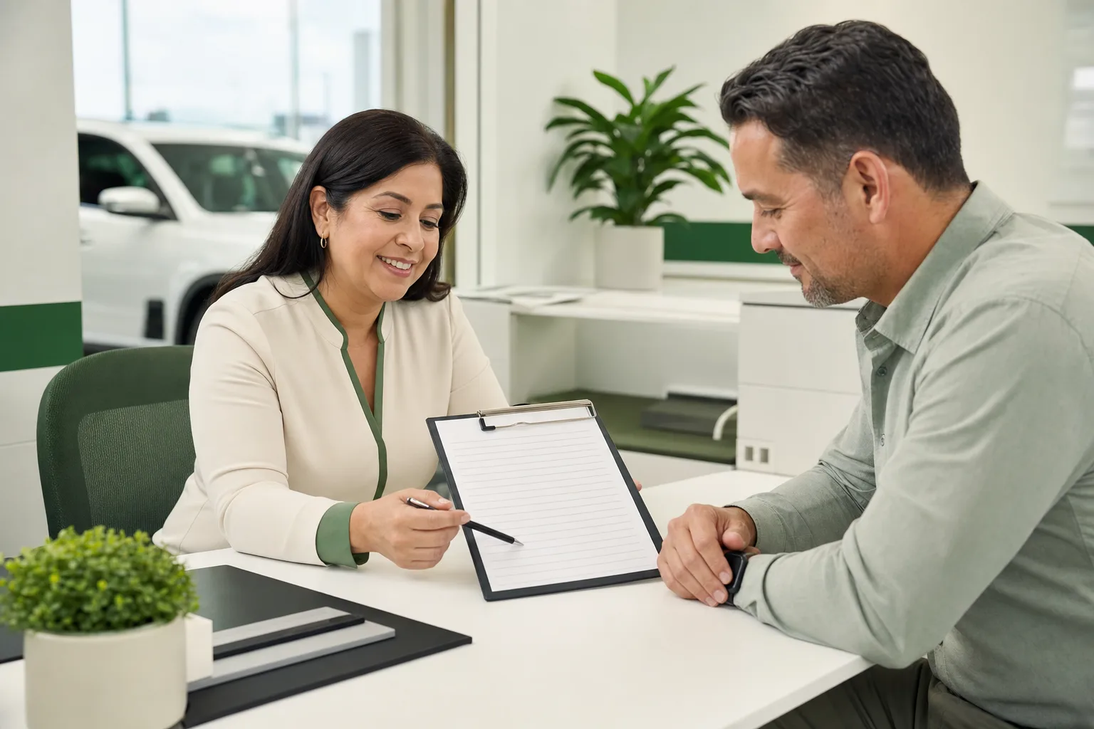 Service advisor reviewing a printed vehicle maintenance timeline with a client, 1200x675