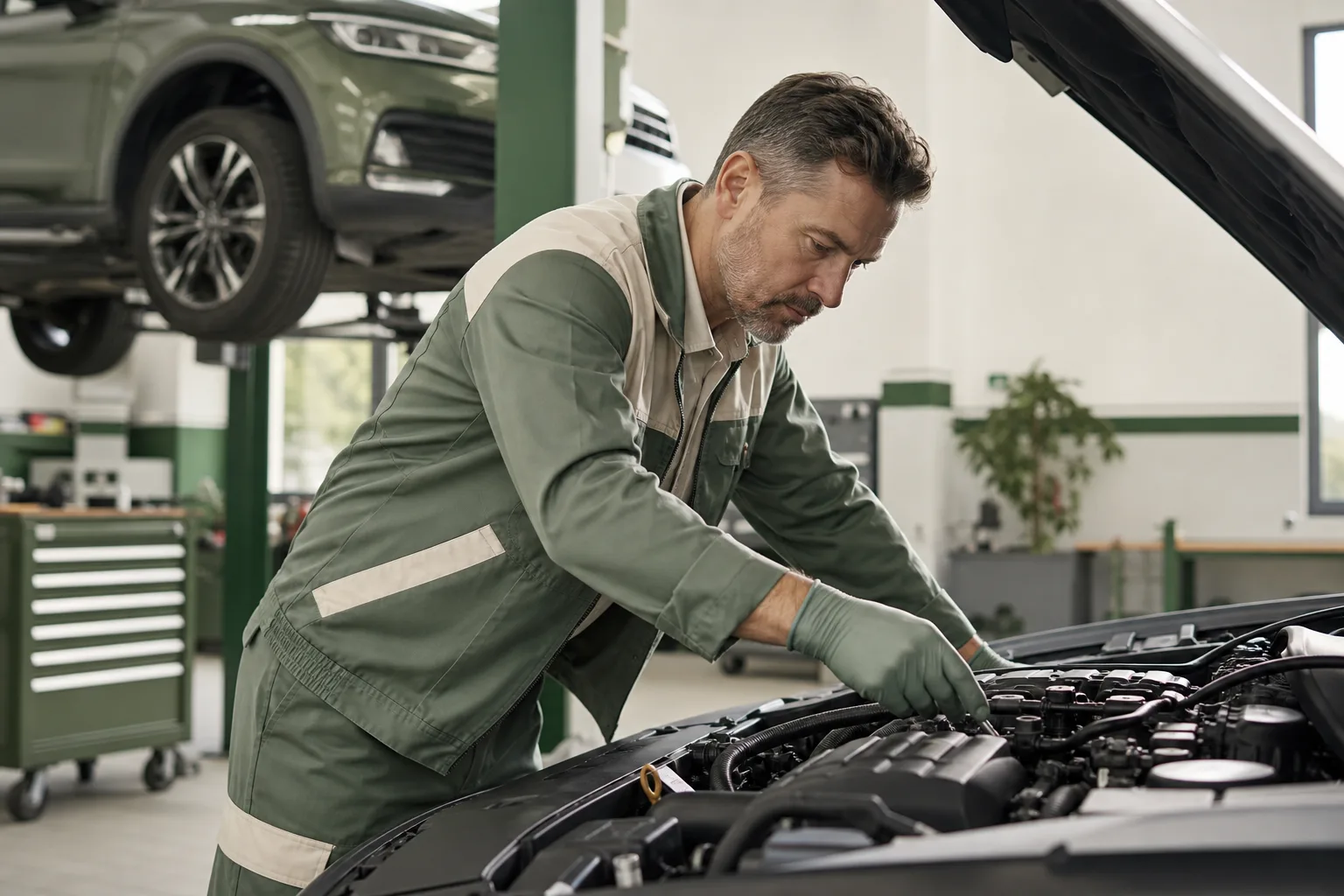 Technician inspecting engine components during scheduled preventive maintenance in a professional service bay, 1920x1080